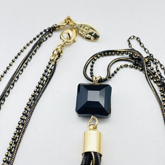 Long Layered Chain Necklace Black Beads Brass Tone Tassel Signed LOFT OUTLET - Picture 3 of 8